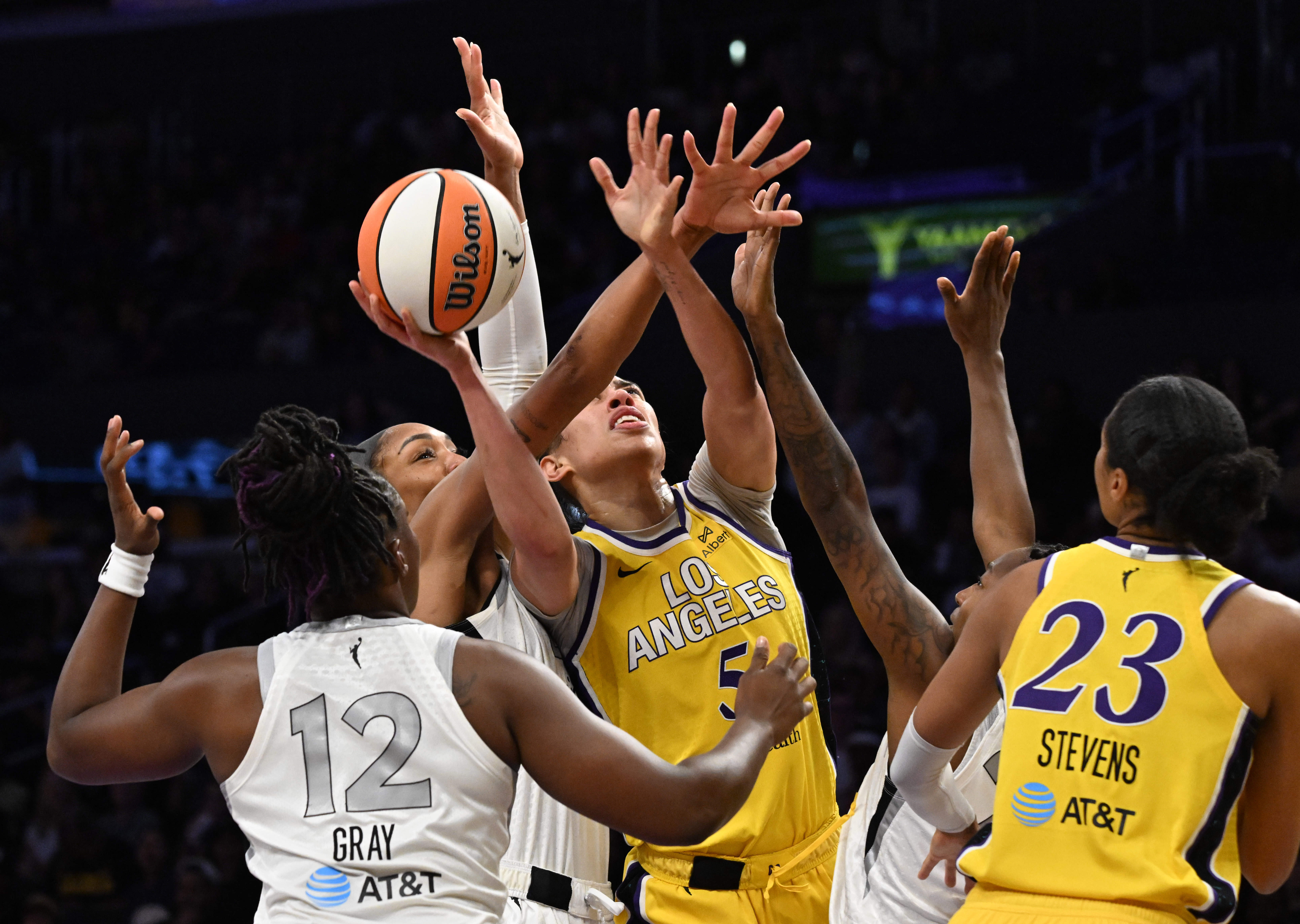 Sparks forward Dearica Hamby (5) looks to shoot in traffic...