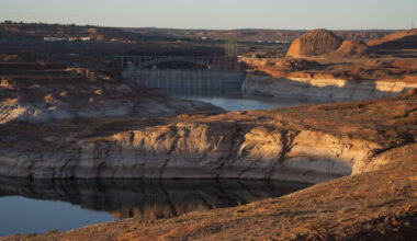 Early morning sunlight hits canyon walls on Lake Powell in Glen Canyon National Recreation Area on July 10, 2025 in Page, Arizona. Lake Powell, a critical Colorado River reservoir, is only at a third of its capacity as drought conditions in the Southwest worsen. Credit: Rebecca Noble via Getty Images