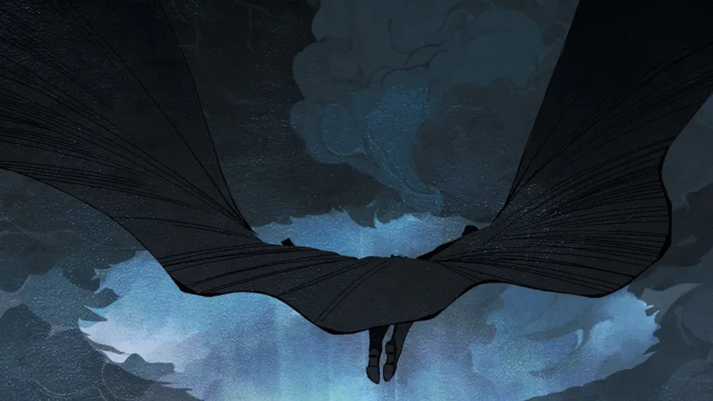 Batman flying through the sky with his cape unfurled
