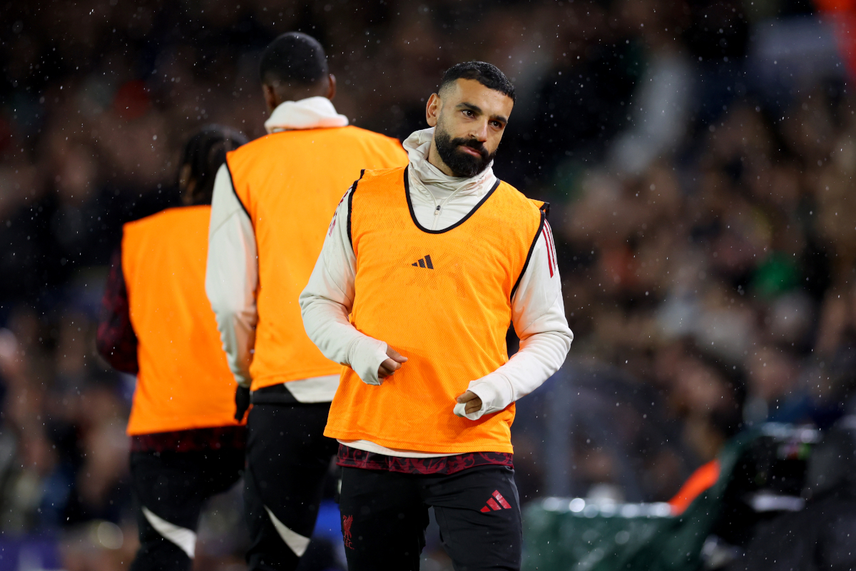 LEEDS, ENGLAND - DECEMBER 06: Mohamed Salah of Liverpool warms up as a substitute during the Premier League match between Leeds United and Liverpool at Elland Road on December 06, 2025 in Leeds, England. (Photo by Molly Darlington/Getty Images)