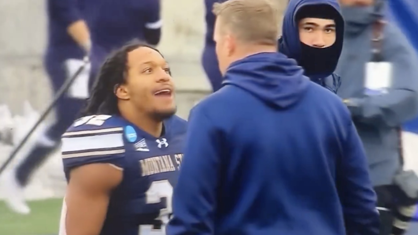 Montana State running back Julius Davis screams at his coach