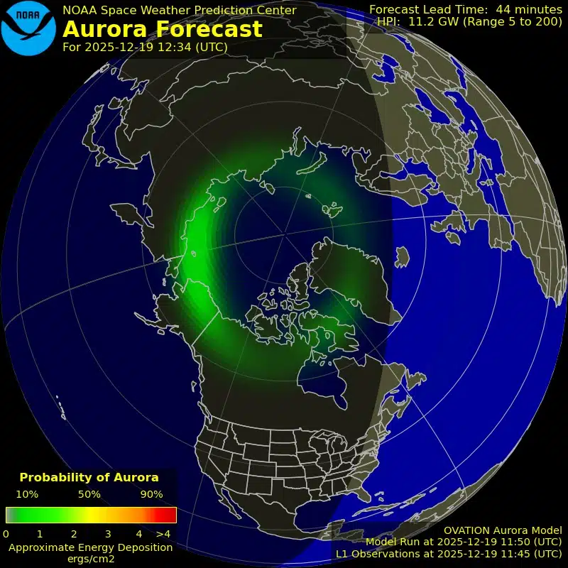 Noaa Map Showing High Aurora Visibility In Northern Regions, With Green Areas Indicating The Best Chances.