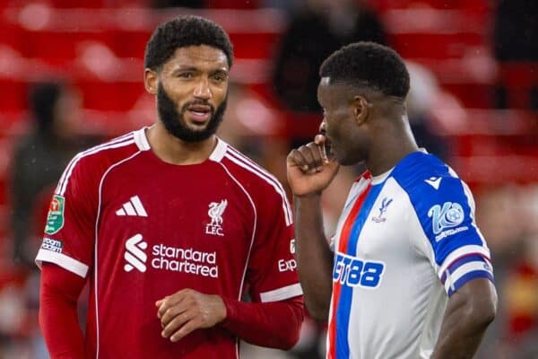 LIVERPOOL, ENGLAND - Wednesday, October 29, 2025: Liverpool's Joe Gomez speaks to Crystal Palace's captain Marc Guéhi after the Football League Cup 4th Round match between Liverpool FC and Crystal Palace FC at Anfield. (Photo by David Rawcliffe/Propaganda)