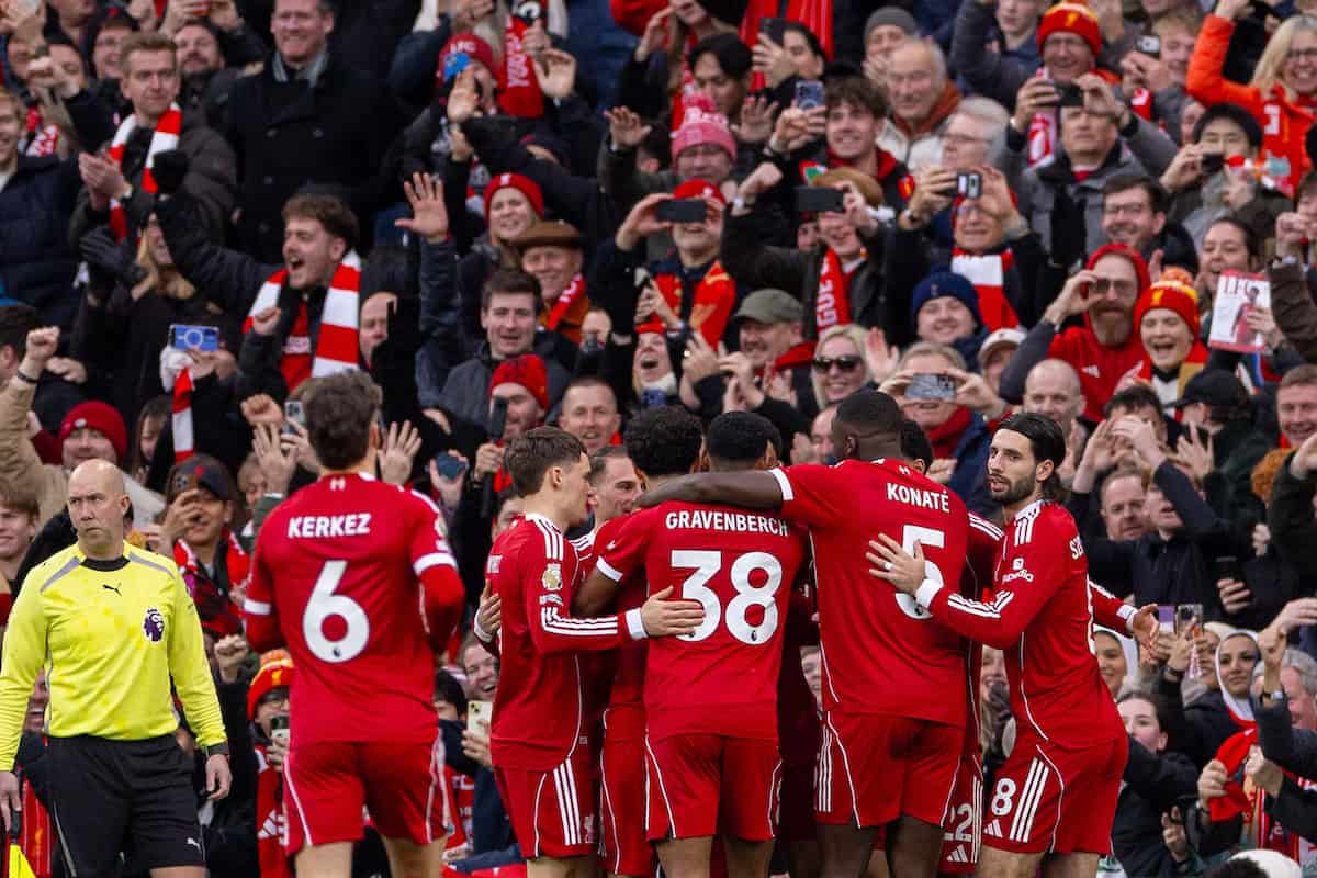 LIVERPOOL, ENGLAND - Saturday, December 13, 2025: Liverpool players form a huddle to celebrate after scoring the first goal during the FA Premier League match between Liverpool FC and Brighton & Hove Albion FC at Anfield. (Photo by David Rawcliffe/Propaganda)