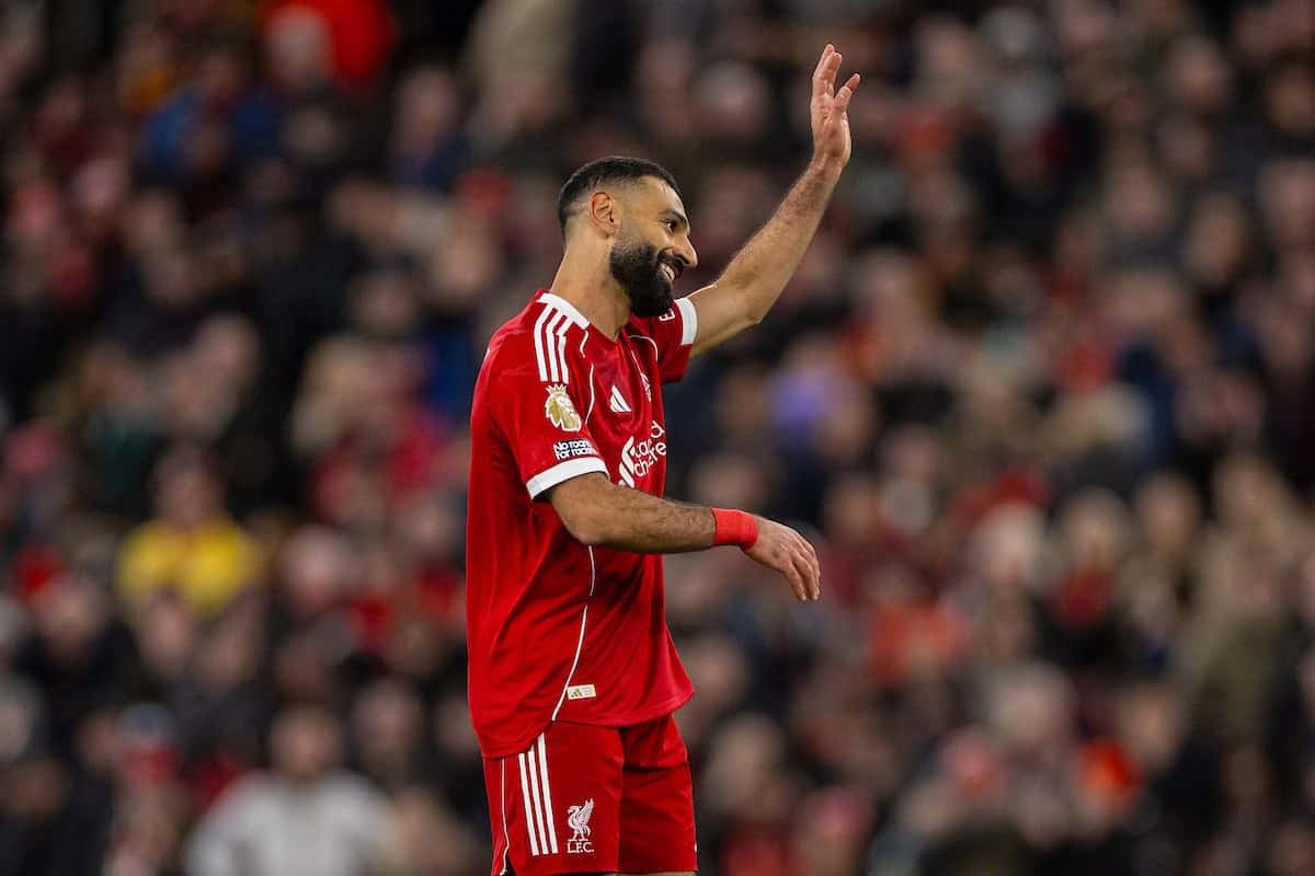 LIVERPOOL, ENGLAND - Saturday, December 13, 2025: Liverpool's Mohamed Salah apologises for a misplaced pass during the FA Premier League match between Liverpool FC and Brighton & Hove Albion FC at Anfield. (Photo by David Rawcliffe/Propaganda)