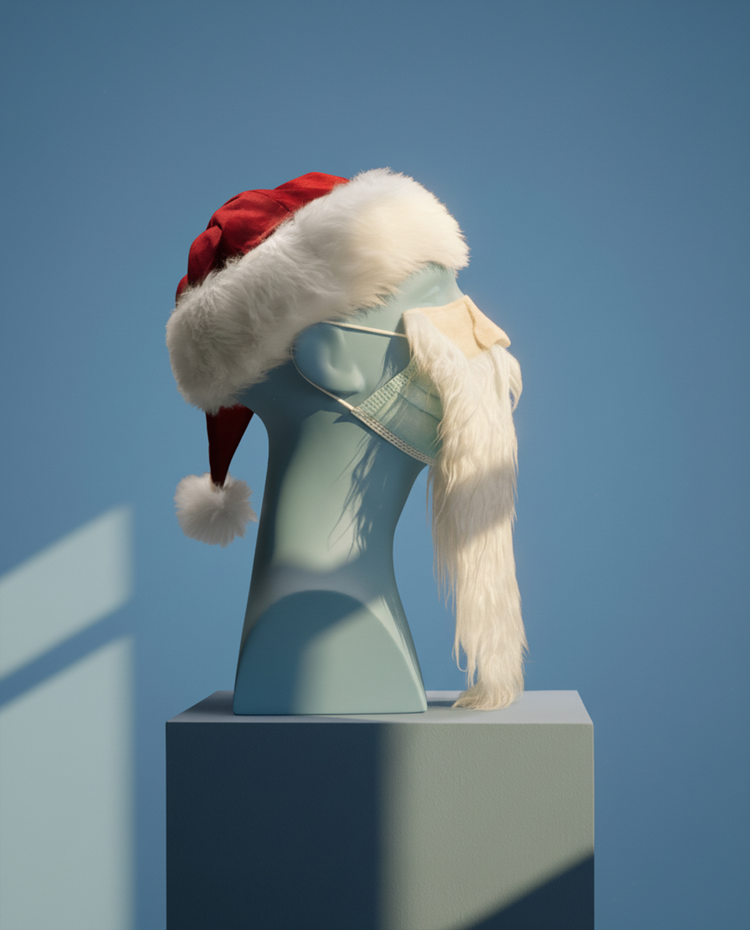 The effects of Vividon relighting plug-in on a mannequin wearing a Santa hat and beard