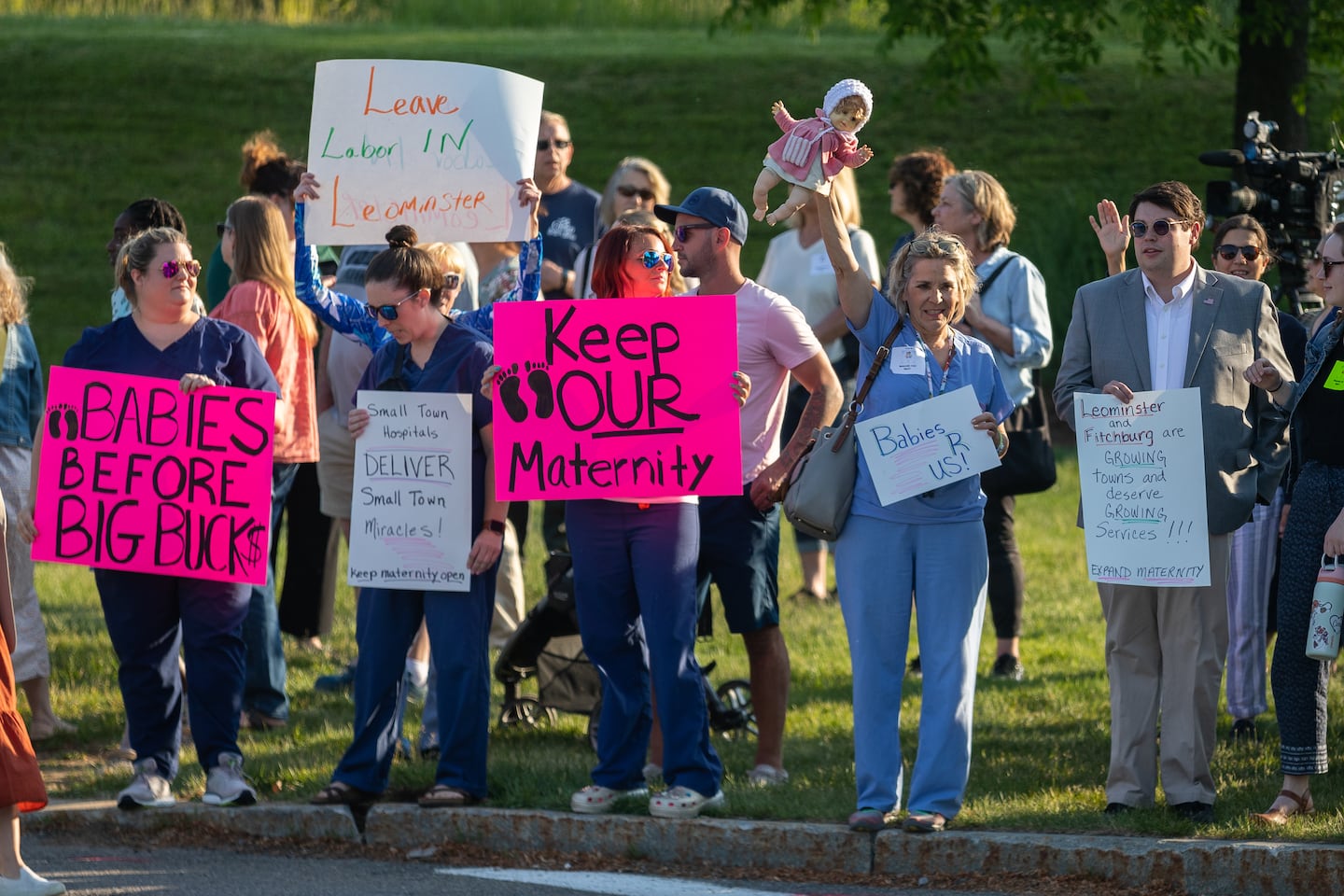 Demonstrators rallied in front of UMass Memorial Health's Leominster campus, HealthAlliance-Clinton Hospital, in 2023, protesting the closure of the hospital's maternity ward.