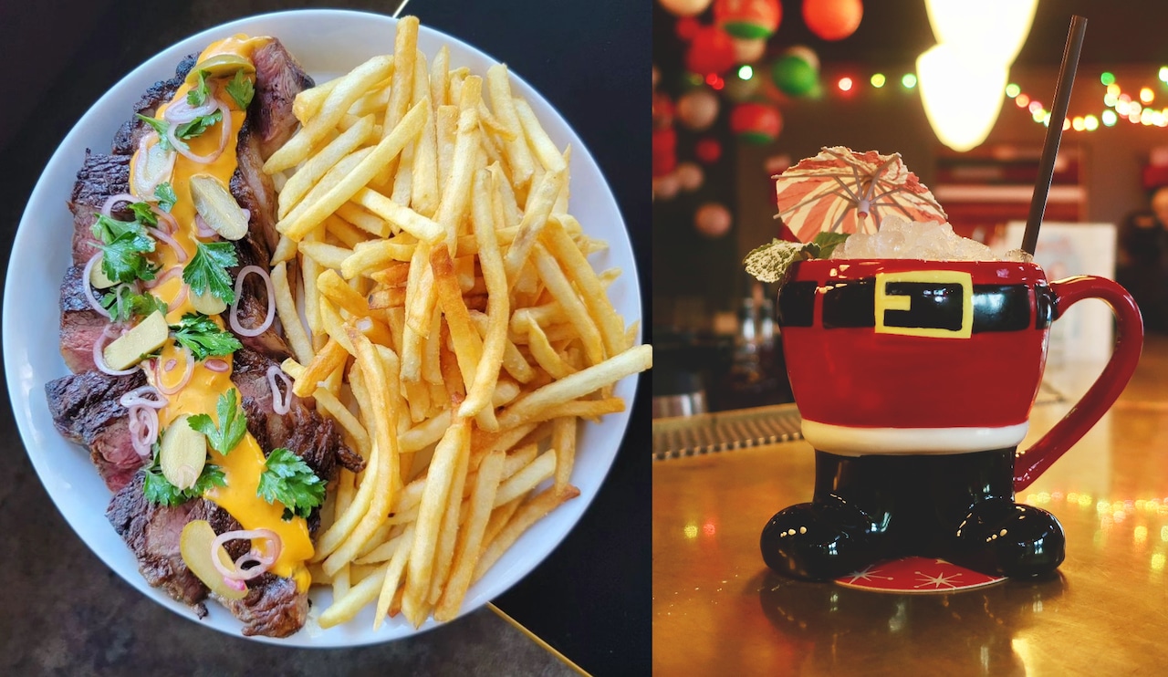 A composite photo of steak frites on the left and a Santa pants ceramic mug on the right from Plumb, a "bistro" residency at Deadshot.