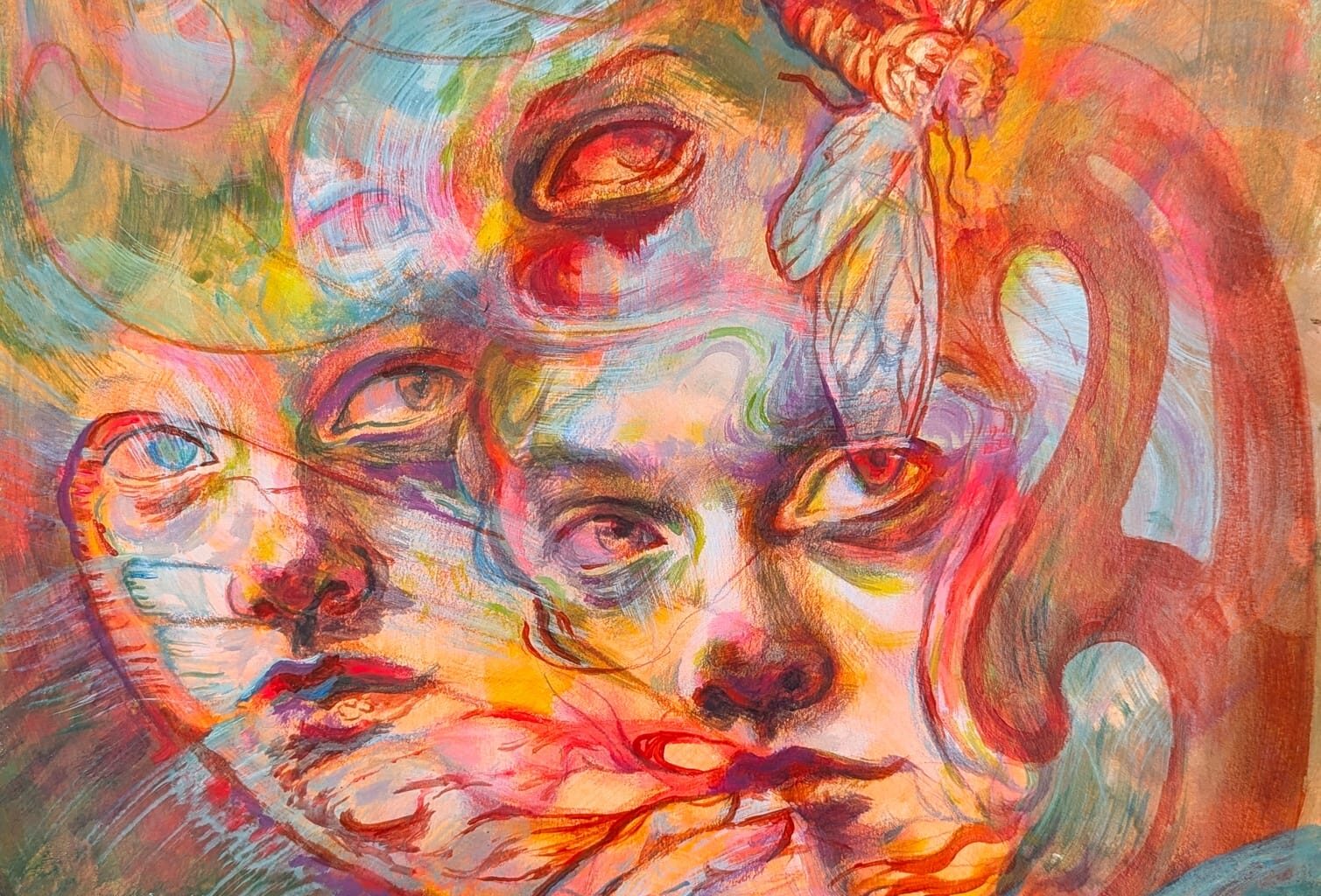 Abstract, colorful portrait that swirls and blends into butterfly forms.