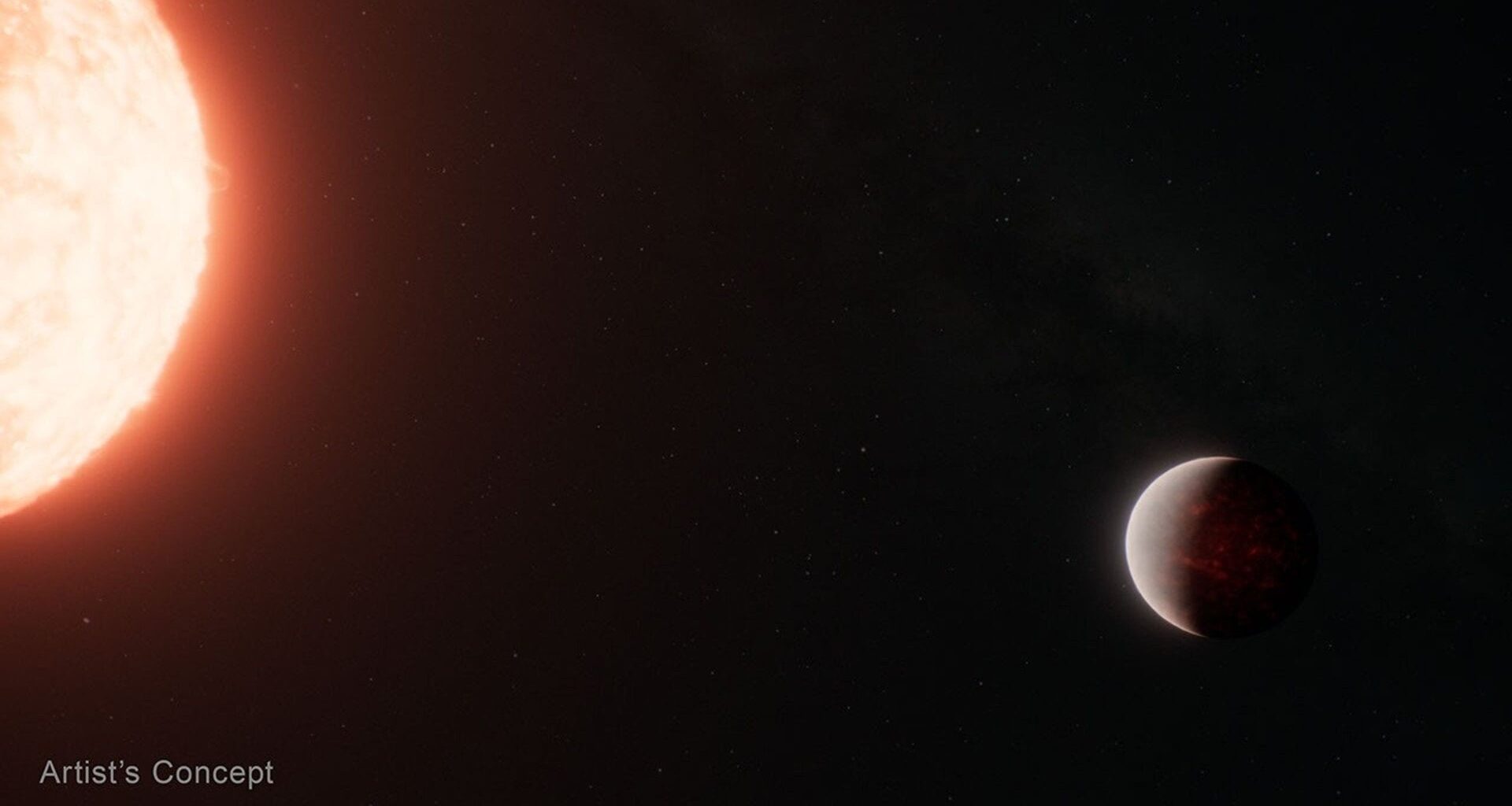 This artist’s concept shows what the hot super-Earth exoplanet TOI-561 b and its star could look like based on observations from NASA’s James Webb Space Telescope and other observatories. Credits: Illustration: NASA, ESA, CSA, Ralf Crawford (STScI)