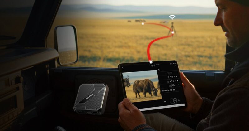 A person in a car uses a tablet showing a photo of bison in a field. The tablet connects wirelessly to a camera outside, with a device nearby enabling the connection. Distant animals and open grasslands are visible.
