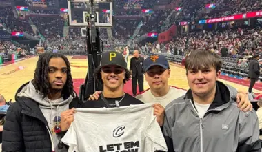 Gathering for a group photo in the Rocket Areana are (from left) Christian Dingee, Ethan Drummond, Dr. Sungick Min and Anthony Misencik.