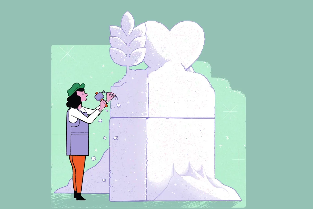 Illustration of a person creating a sculpture of a grain and a heart out of a massive block of sugar