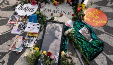 Items were left at Strawberry Fields to remember John Lennon, Dec. 8, 2020, in New York City.