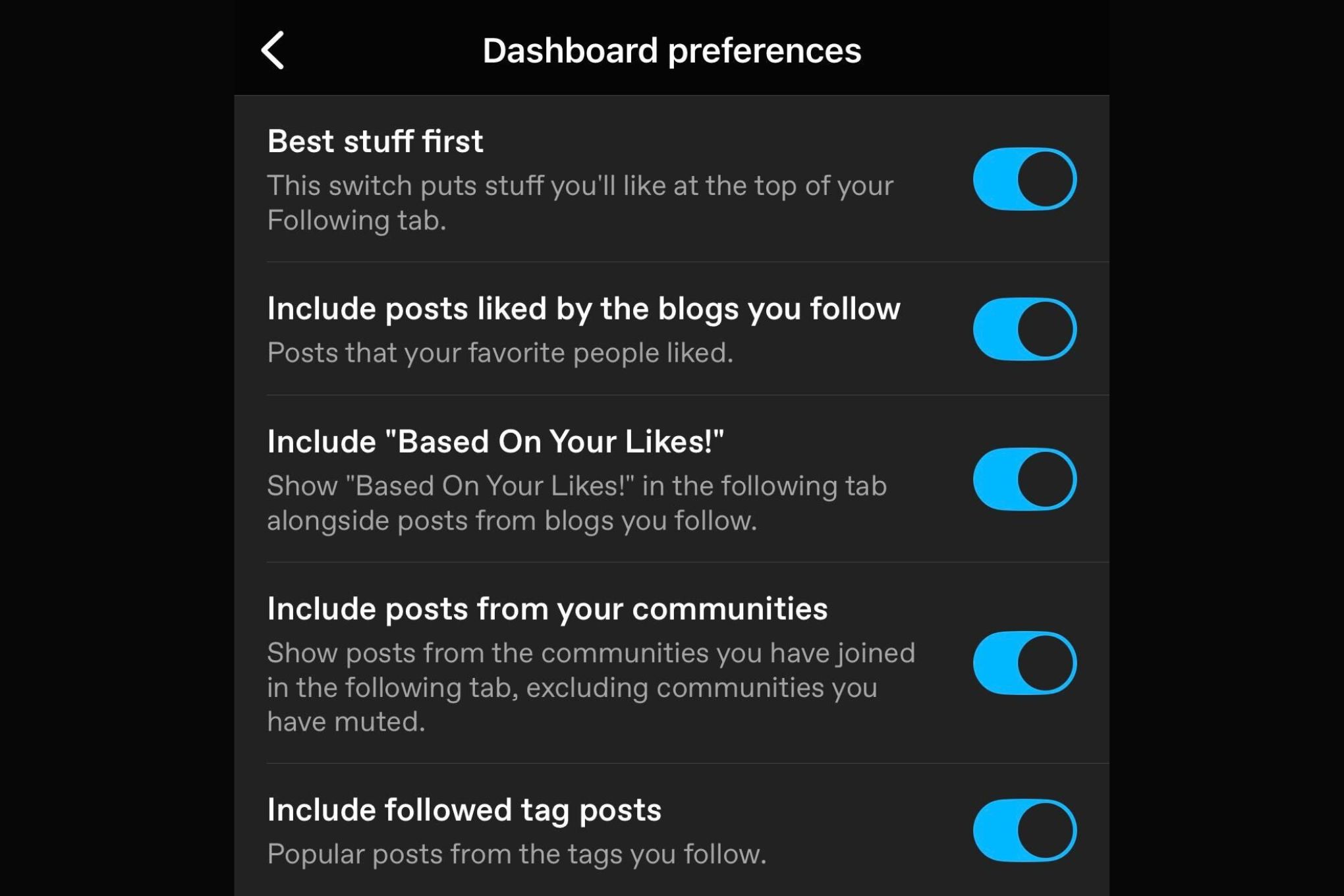 The Dashboard preferences menu on Tumblr.