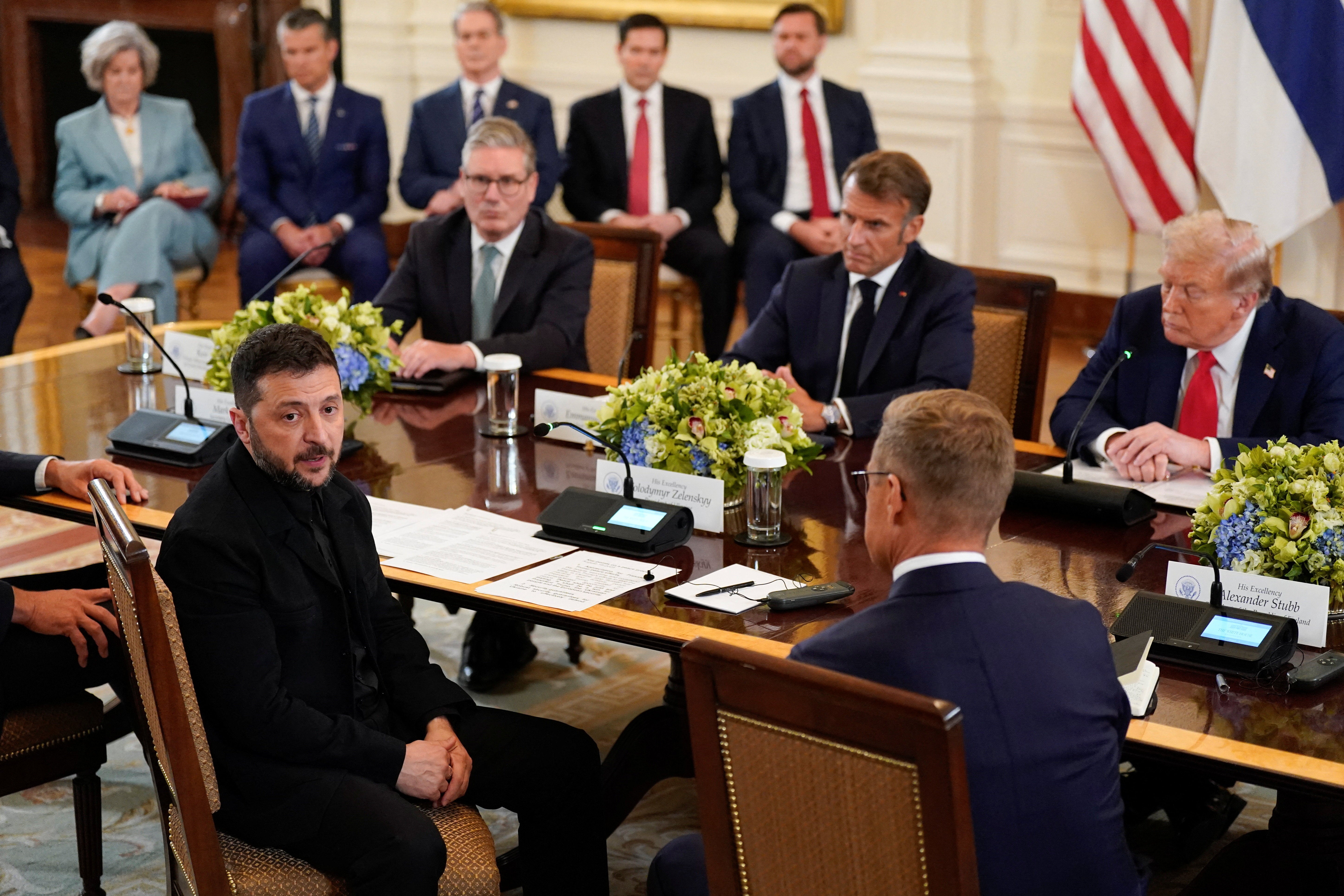 Ukrainian president Volodymyr Zelensky speaks during a meeting with US president Donald Trump, French president Emmanuel Macron, British prime minister Keir Starmer, and Finland's president Alexander Stubb amid negotiations to end the Russian war in Ukraine at the White House in Washington, DC.