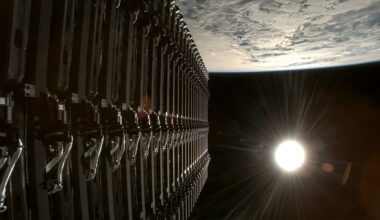 a stack of satellites are deployed into Earth orbit with the full sun visible