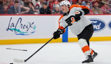 Flyers’ Tyson Foerster exits game with awkward-looking injury