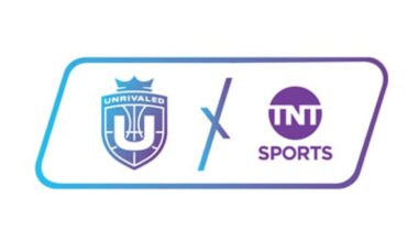 The logos for Unrivaled basketball and TNT Sports are displayed on a framed white background.