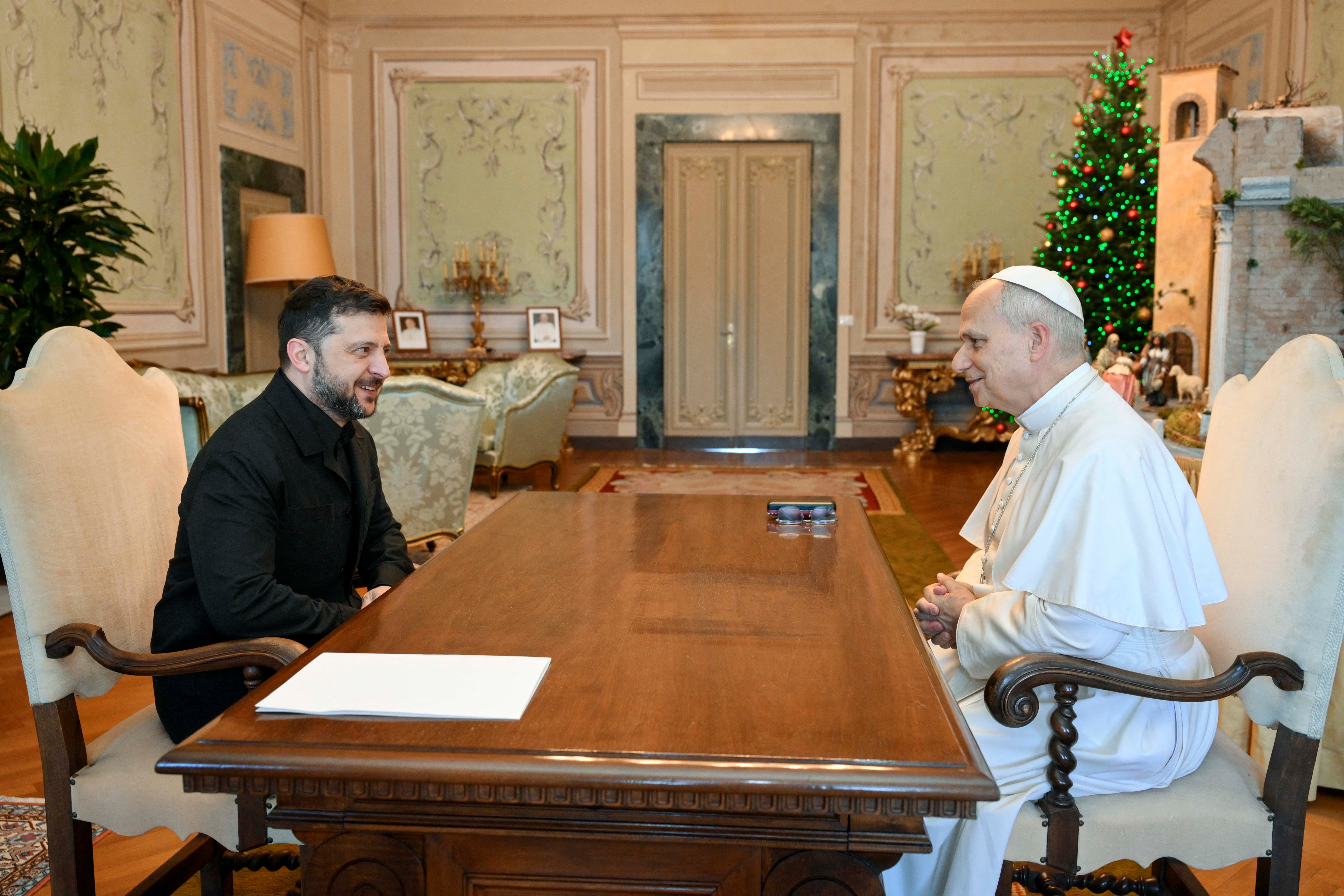 The Vatican Media shows Pope Leo XIV during a meeting with Ukraine's President Volodymyr Zelensky, in Castel Gandolfo