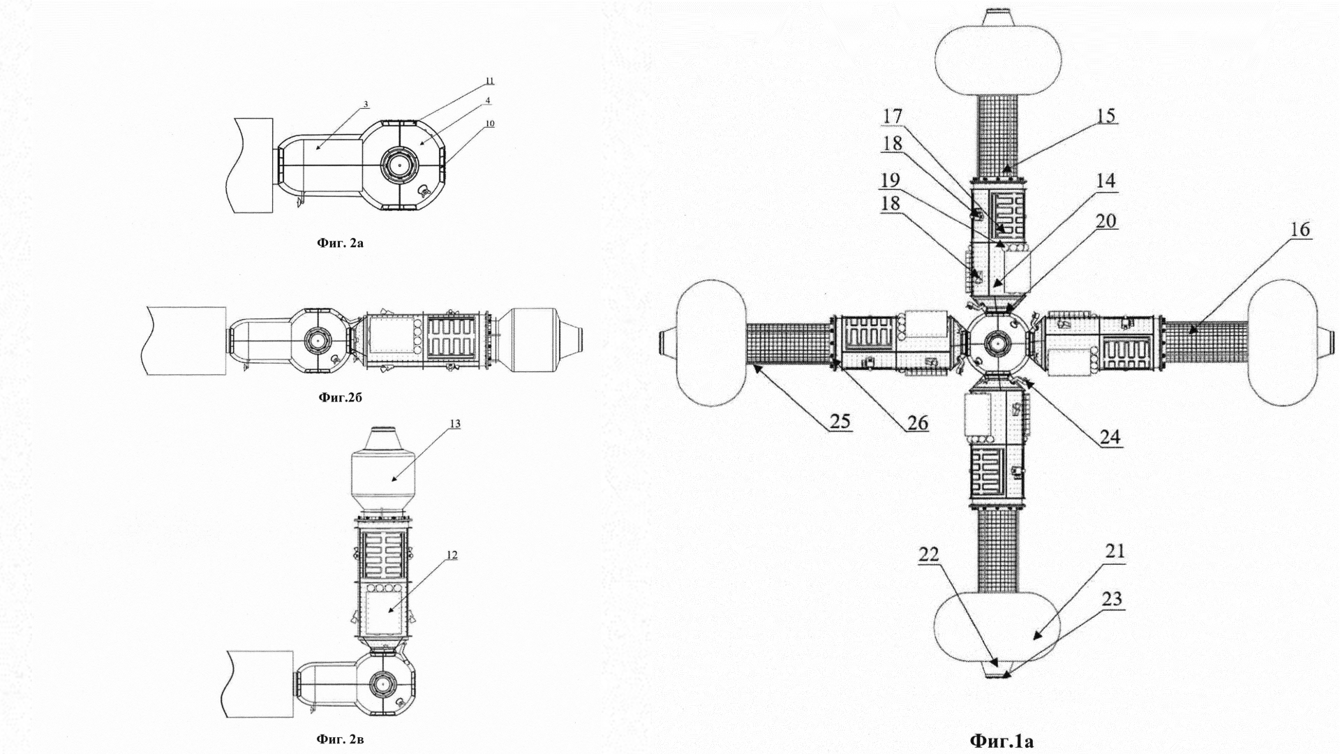 Black and white schematic drawings of a cross shaped space station