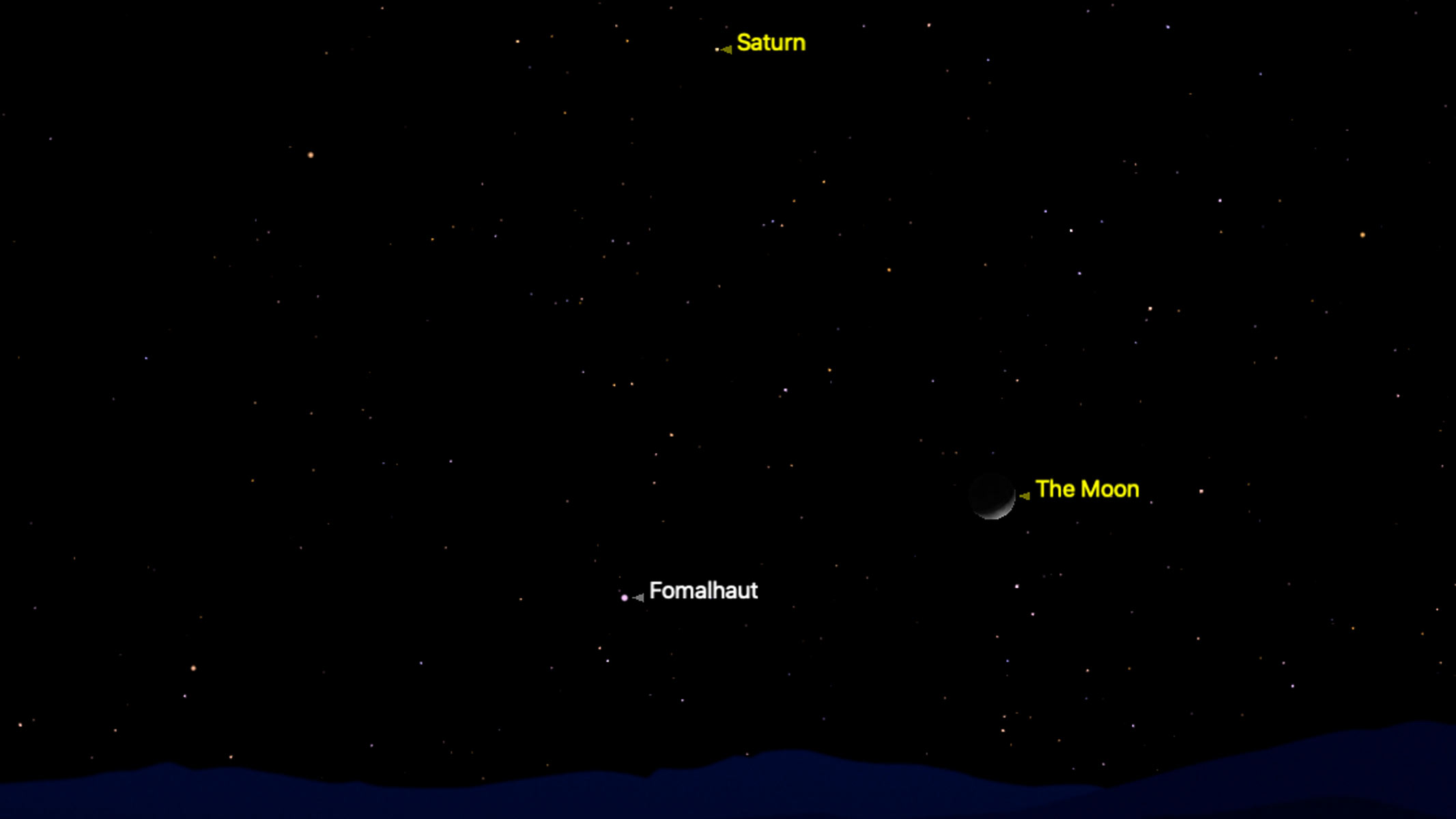 An app image of a 20%-illuminated waxing crescent moon near Fomalhaut and Saturn.
