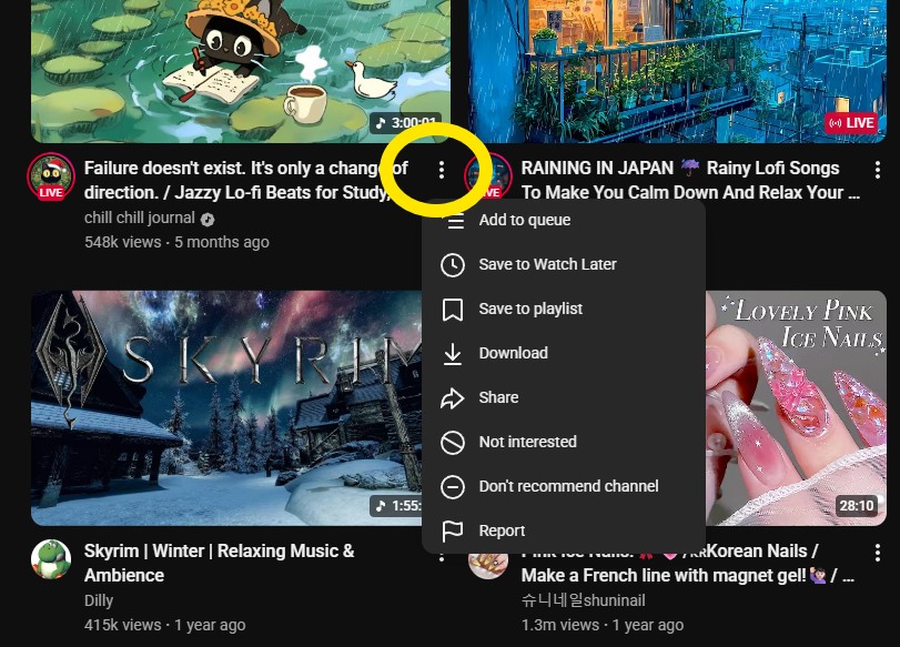 A screenshot of the video options menu on YouTube’s homescreen.