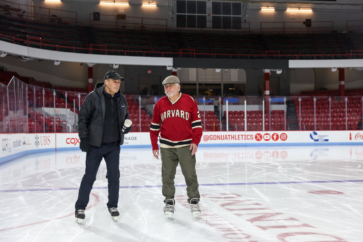Former Salem State coach and BU defenseman Bill O'Neill (left) and ex-Hockey East and ECAC commissioner Joe Bertagna took one last twirl on the Matthews Arena ice.