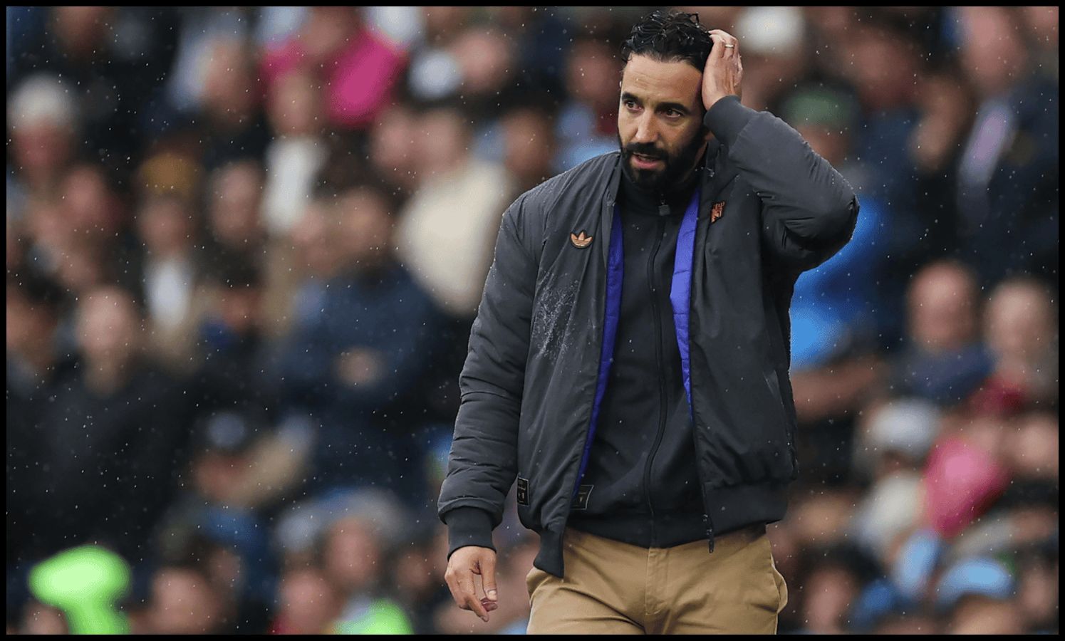 Ruben Amorim reacts on the touchline at the Etihad.
