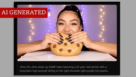 Simone Mckenzie / Google Veo 3 A young woman, wearing a purple tanktop and a long, black ponytail sits in front of a softly lit background while eating a cookie