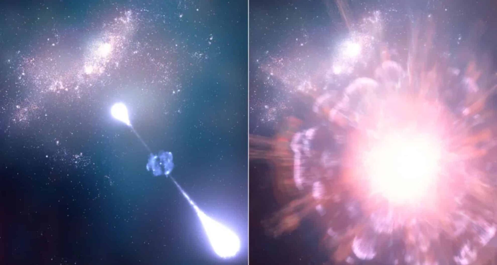 An Illustration Of Supernova Grb 250314a As It Was Exploding (left) And Then Three Months Later, When Webb Studied It (right).