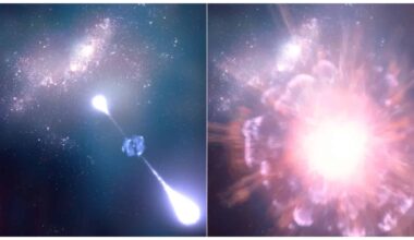 An Illustration Of Supernova Grb 250314a As It Was Exploding (left) And Then Three Months Later, When Webb Studied It (right).