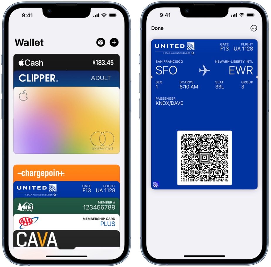 Apple Wallet boarding pass example.
