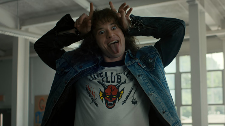 Eddie (Joseph Quinn) sticking out his tongue in Stranger Things