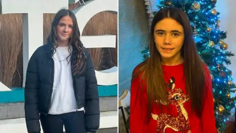 Catriona Whyte & Janine Donaghy A composite image showing two young teenage girls, both of them with long brown hair. Aislinn is on the left, and is wearing a black puffer jacket and black leggings with a white t-shirt. Aoibheann is on the right and is wearing a red christmas jumper with a sparkly reindeer.
 