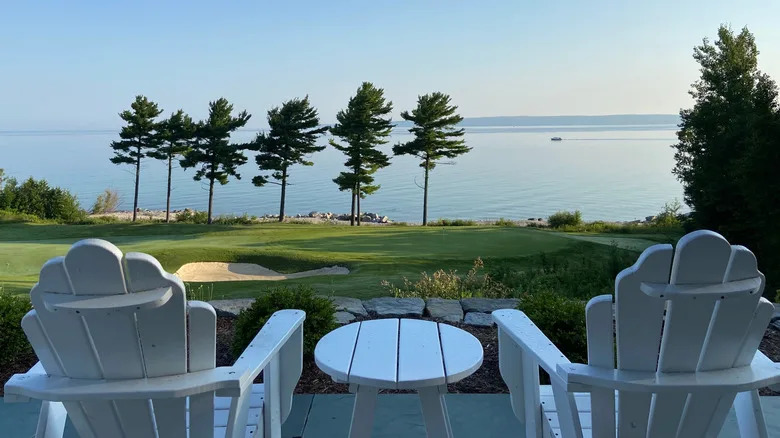 View of the green from high deck chairs at Bay Harbor Golf Club