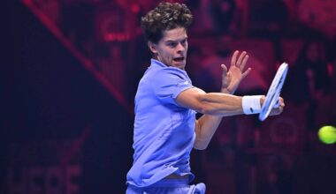 Alexander Blockx in action at the 2025 Next Gen ATP Finals presented by PIF.
