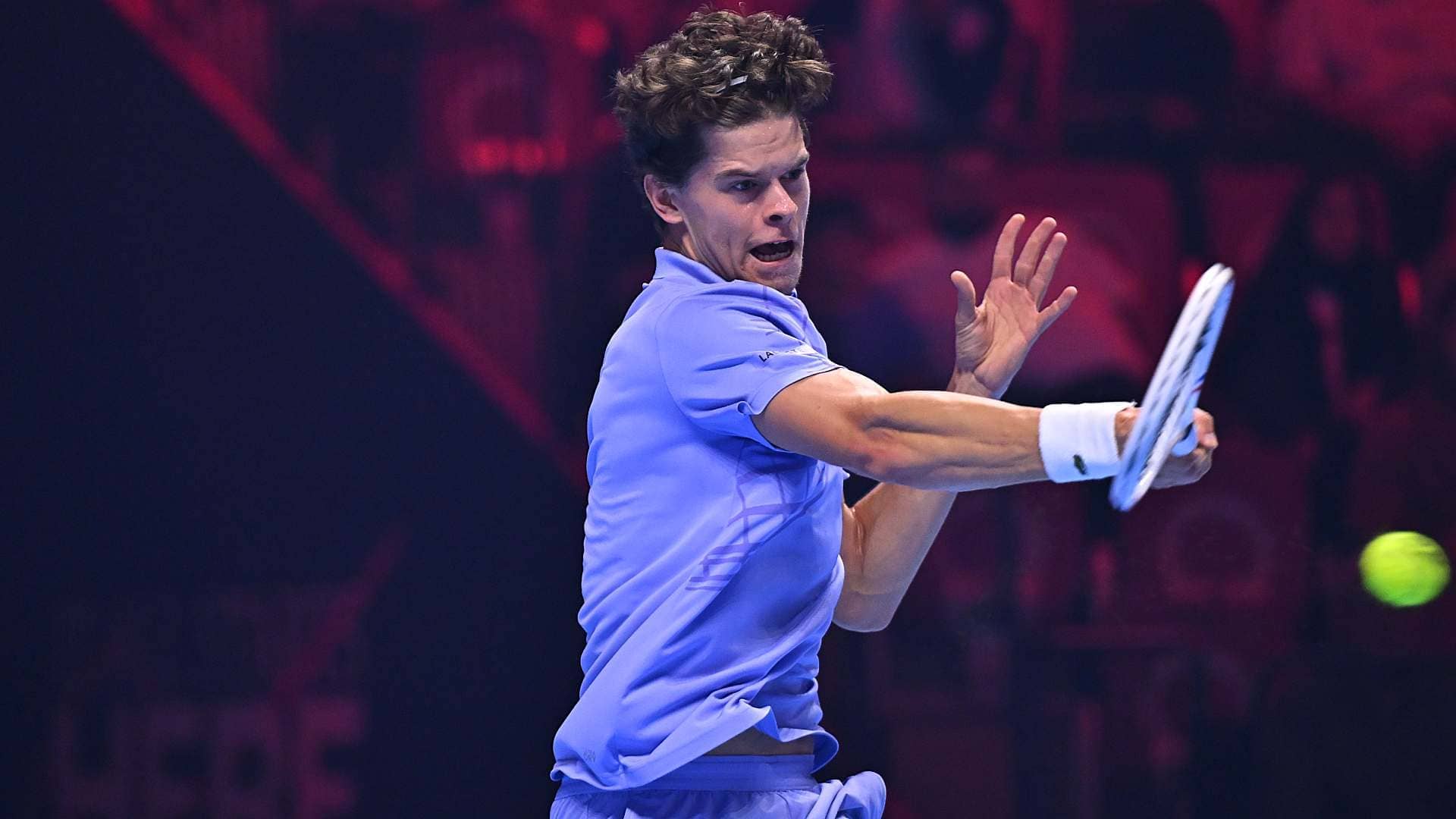 Alexander Blockx in action at the 2025 Next Gen ATP Finals presented by PIF.