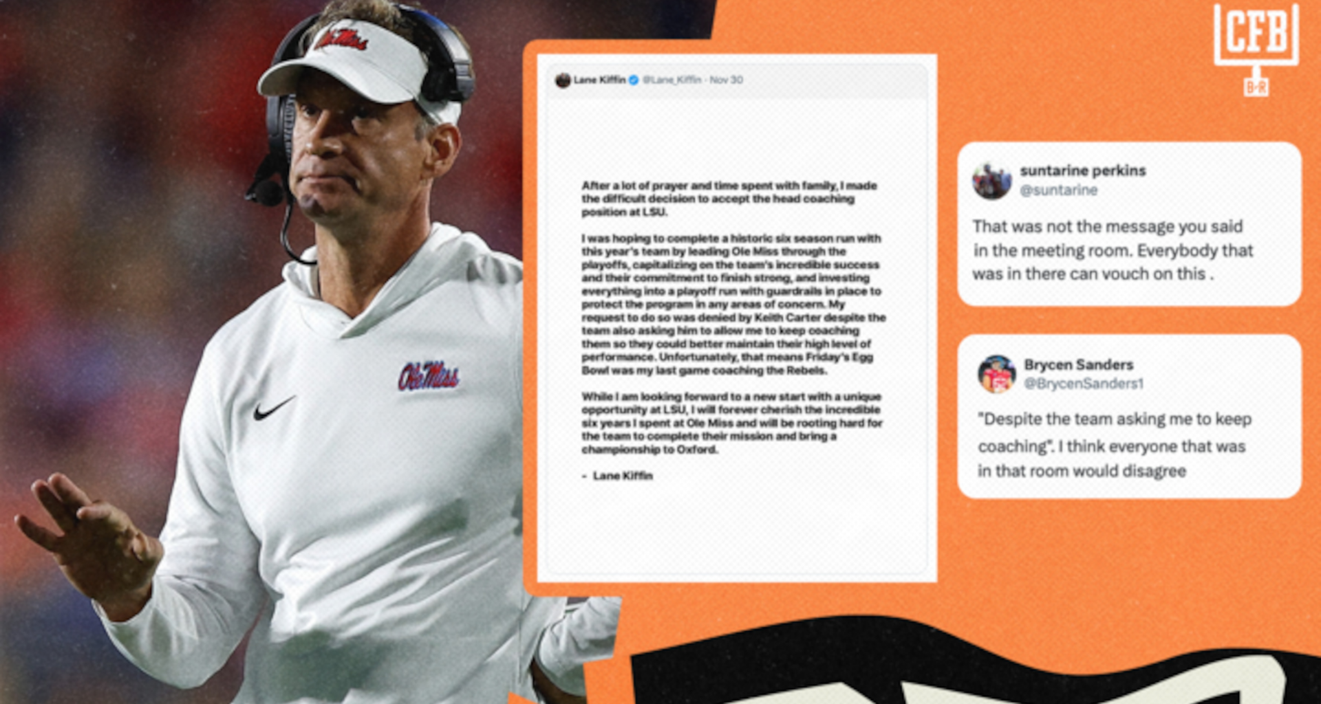 Ole Miss Players Call Out Lane Kiffin's Account of Team Meeting Before Exit for LSU