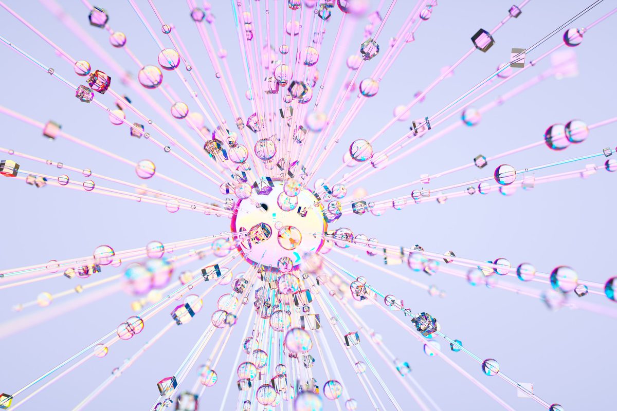 Digital generated image of abstract glass sphere clonning to many small spheres connected between each other.