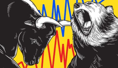 Bull and a bear overlaid on top of a financial line graph on a yellow background