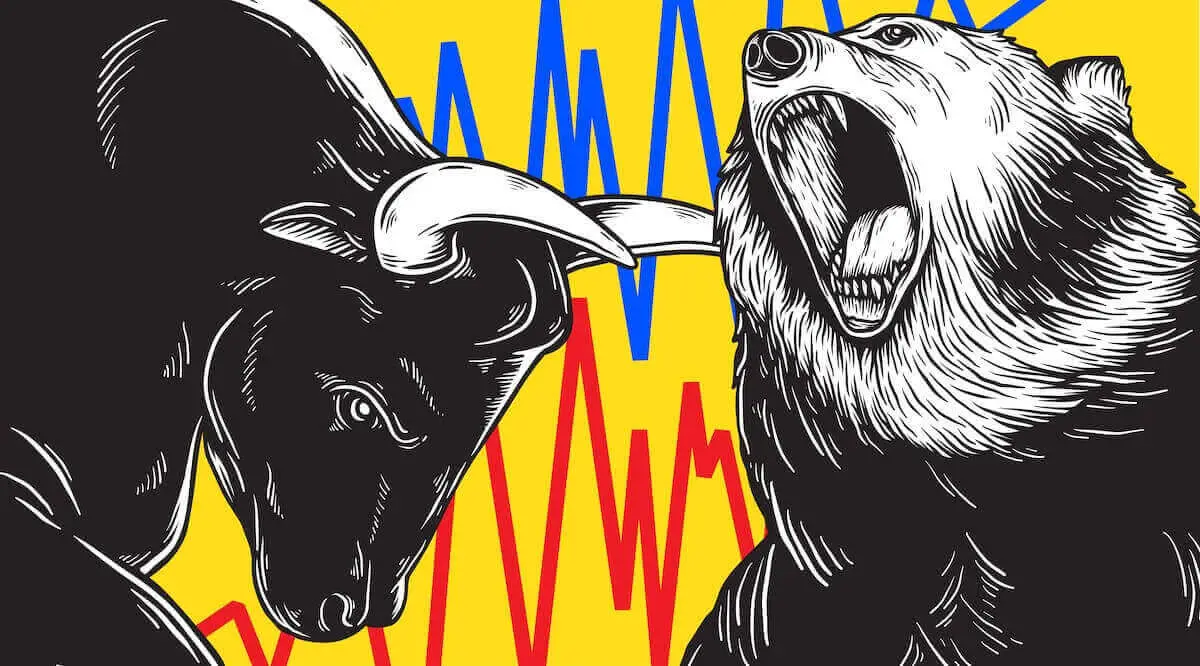 Bull and a bear overlaid on top of a financial line graph on a yellow background