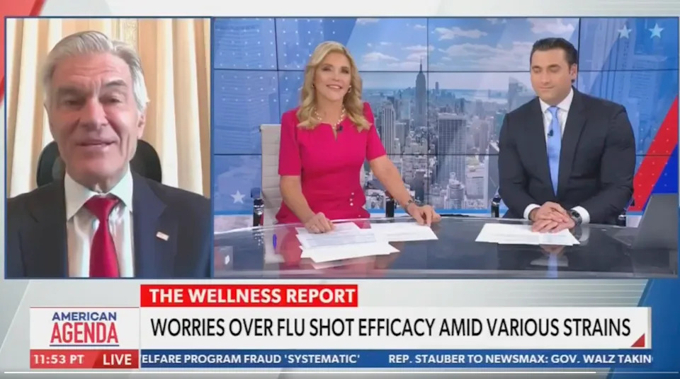 News broadcast with three anchors discussing flu shot efficacy. Two anchors at a desk, one on a video call. Text mentions concerns about flu strains