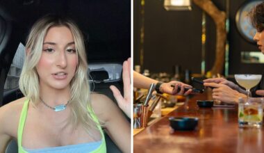 woman shares work experiences (l) woman paying bartender with apple pay (r)