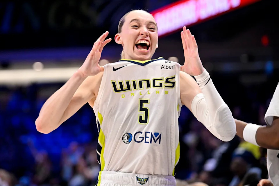 Dallas Wings guard Paige Bueckers (5) celebrates after a WNBA game. Jerome Miron-Imagn Images