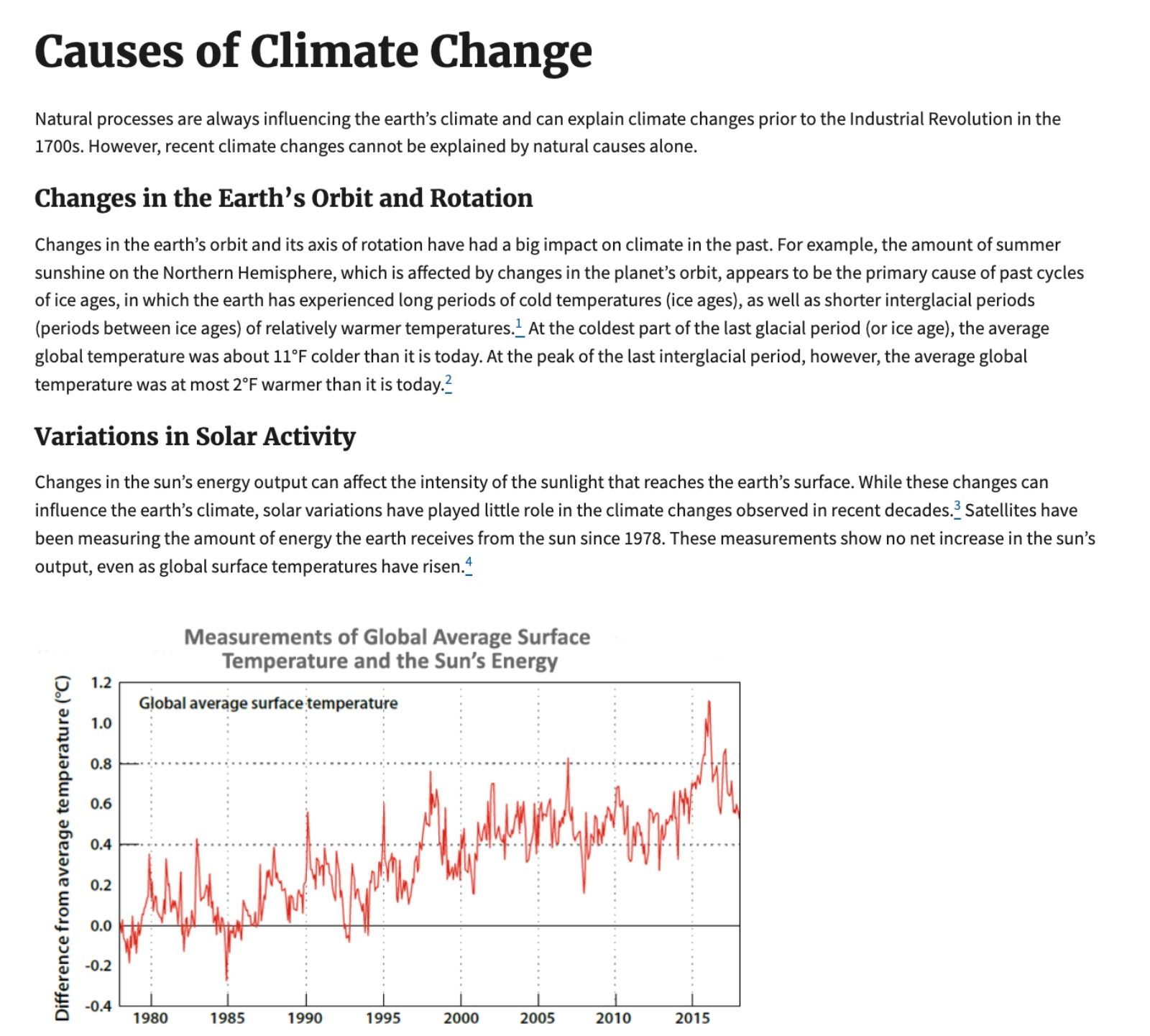 A screenshot of the EPA's updated page on climate change