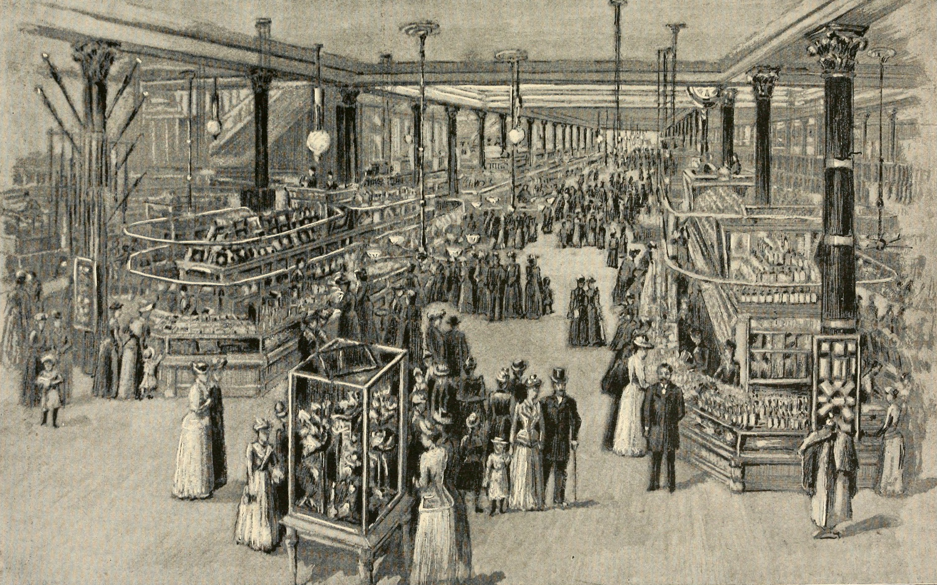 black and white sketch of shoppers