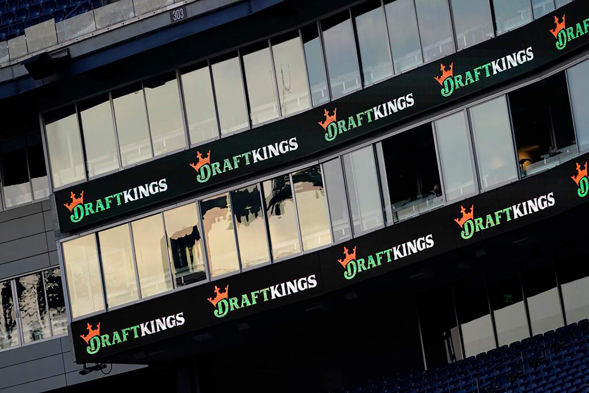 A DraftKings advertisement is displayed in Gillette Stadium during an NFL football game in 2020, in Foxborough, Massachusetts. (Charles Krupa/AP File)