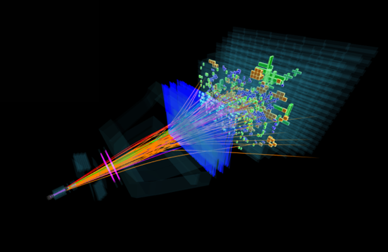 Colorful digital visualization showing particle tracks from a collision event in a particle detector, inspired by the LHC best 2025 discovery, with lines and shapes representing different trajectories and signals.