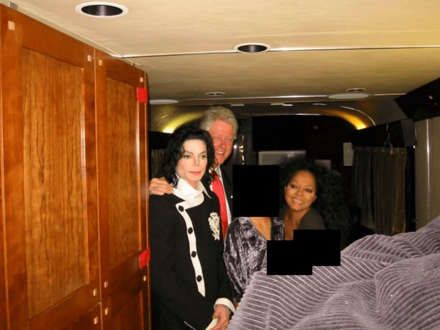 Michael Jackson, Bill Clinton, Diana Ross and a woman whose identity is redacted are seen in this undated photo released by the Justice Department as a part of the release of the Epstein Files, on Friday, December 19, 2025.